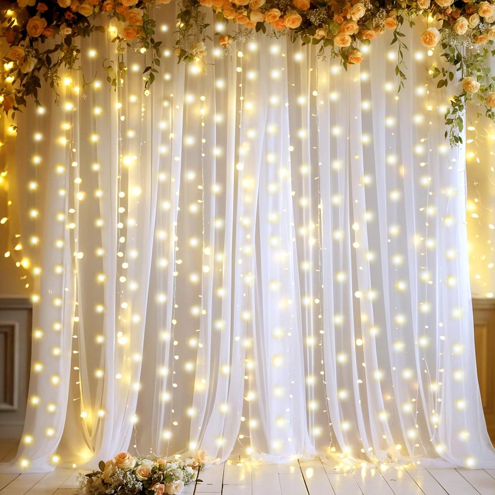 10ft x 10ft White Sheer Tulle Backdrop Curtains with Lights String for Party Wedding Wrinkle Free Curtain Backdrops Drapes for Baby Shower Birthday Party Photo Back Drop Background Home Decorations