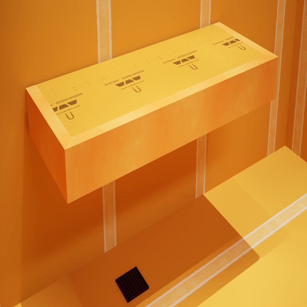 Floating Shower Bench Kit with Orange Waterproof Foam Board and Original Industrial Free Hanging Bracket (14x46)-Great for New Constructions or Bathroom Renovations, Ready to Tile Shower Bench