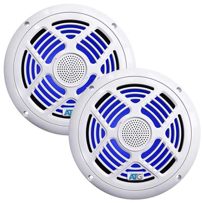 ATG Audio 6.5" RGB 2Way Marine Speakers 160 W Peak / 65 W RMS, WaterResistant Poly Cone + PEI Tweeter, Includes RGB Controller & Grilles (White, Pair) - ATG6.5MRGB-W