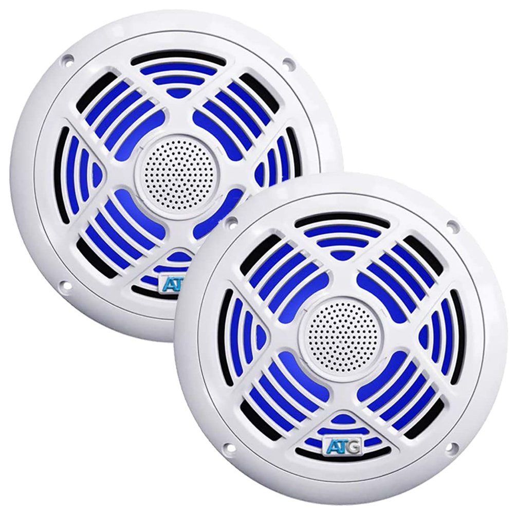ATG Audio 6.5" RGB 2Way Marine Speakers  160 W Peak / 65 W RMS, WaterResistant Poly Cone + PEI Tweeter, Includes RGB Controller & Grilles (White, Pair) - ATG6.5MRGB-W