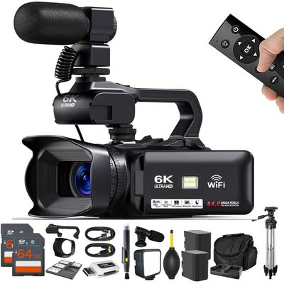Acuvar 4K/6K Video Camera Camcorder 64MP Vlogging Camera for YouTube, 60FPS, 18X Zoom with Mic, LED Light, Tripod & 264GB Cards WiFi, Webcam Bundle