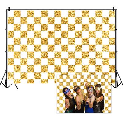 DORCEV 10x8ft White and Gold Checkers Banner Backdrop Chess Board Theme Checkerboard Grid Background for Photography Racing Checker Texture Cosplay Party Kids Birthday Party Supplies Studio Props