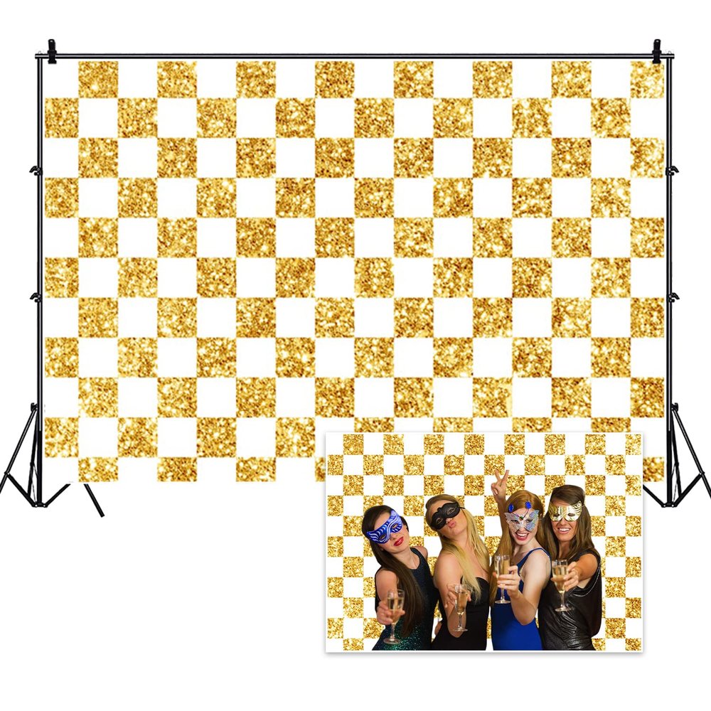 DORCEV 10x8ft White and Gold Checkers Banner Backdrop Chess Board Theme Checkerboard Grid Background for Photography Racing Checker Texture Cosplay Party Kids Birthday Party Supplies Studio Props