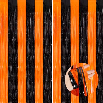 Black Orange Tinsel Backdrop Foil Fringe Curtains, 2 Pack Party Decor