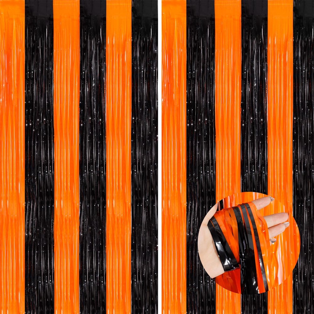 Black Orange Tinsel Backdrop Foil Fringe Curtains, 2 Pack Party Decor