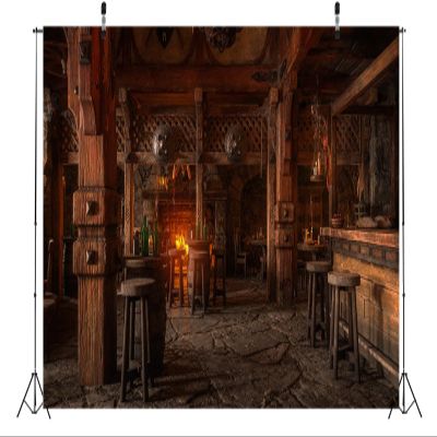 BELECO 7x5ft Fabric Medieval Tavern Inn Bar Backdrop for Photography Ancient Wooden Interior Counter Stools Fireplace Buring Fire Background for Party Decorations Photo Booth Studio Props