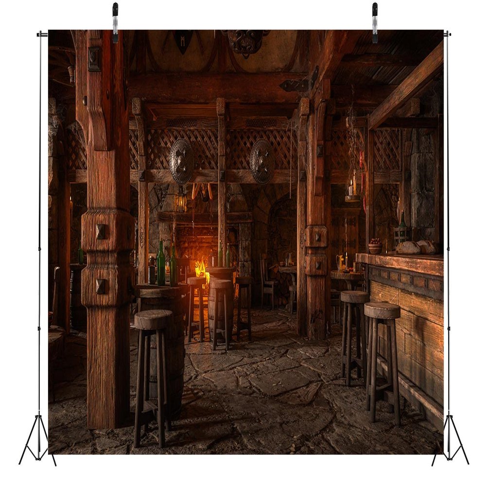BELECO 7x5ft Fabric Medieval Tavern Inn Bar Backdrop for Photography Ancient Wooden Interior Counter Stools Fireplace Buring Fire Background for Party Decorations Photo Booth Studio Props