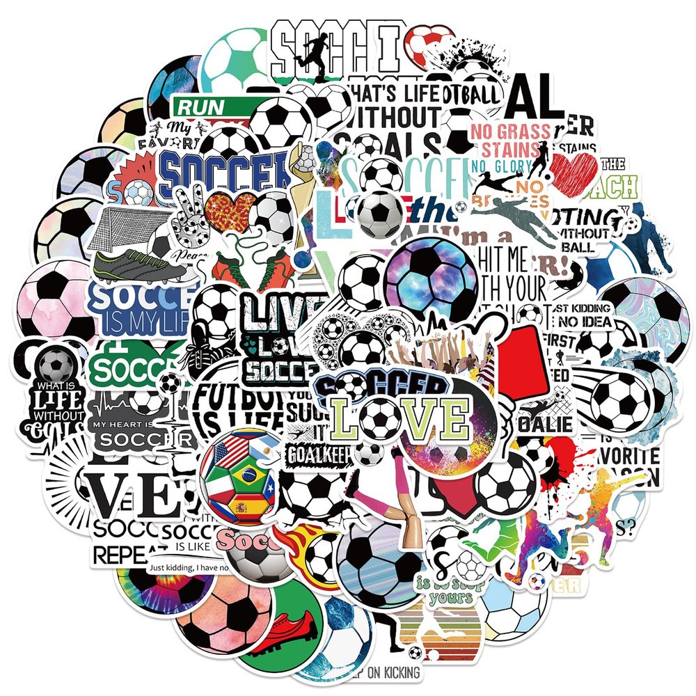 100PCS Soccer Stickers for Water Bottles, I Love Soccer Stickers for Teens, Adults, Motivational Vinyl Waterproof Sticker Bulk Gift, Football Sports Party Favors, Soccers Decorations
