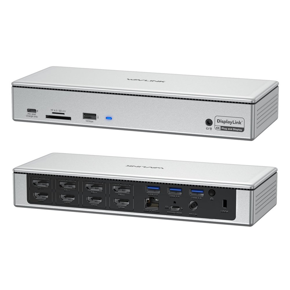 WAVLINK DisplayLink Laptop Docking Station - Quad Monitor 5K/4K @60Hz, 100W Charging - Thunderbolt 4/3, USB-C/A - M1 M2 Mac/Windows/Chrome/Ubuntu - 4 HDMI, 4 DP, 180W Power, SD 4.0 CR, 2.5Gbps LAN