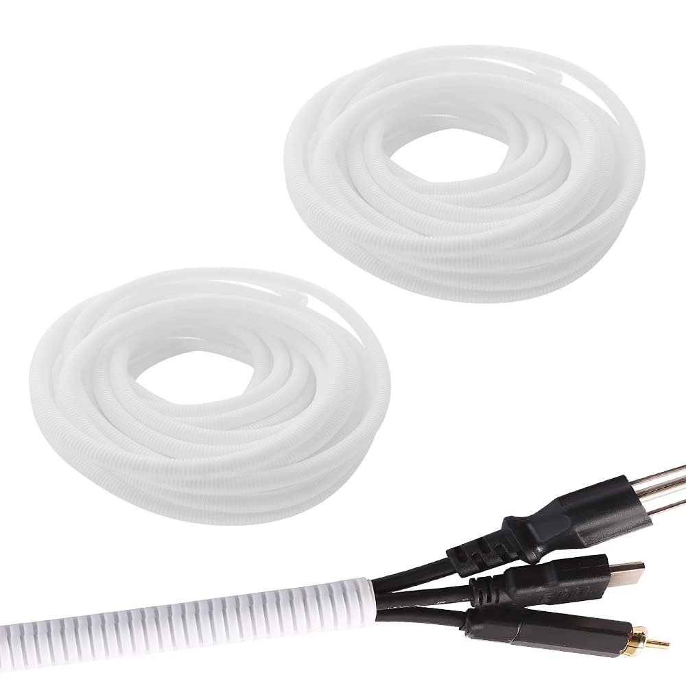 Split Loom Tubing Wire Conduit, White Corrugated Cable Protection Pipe, Tidy Tube for TV, Electric, Garden Lights (OD 7mm, 19.6 Ft)