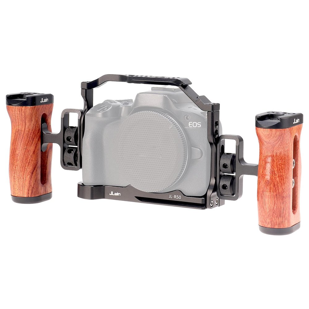 Foto4easy r50 cage for Canon R50 Camera with Quick Release Plate for Arca-Swiss,Includes Dual Universal Side Wooden Handle