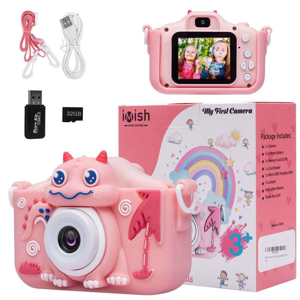 iMisH Upgrade 48M Kids Camera for Girls Boys Age 3-9, 1000mAh Large Battery with 1080p Video Camera for Kids - Shockproof Silicon Case and 32GB TF Card, Toddler Camera for Selfie (Pink)