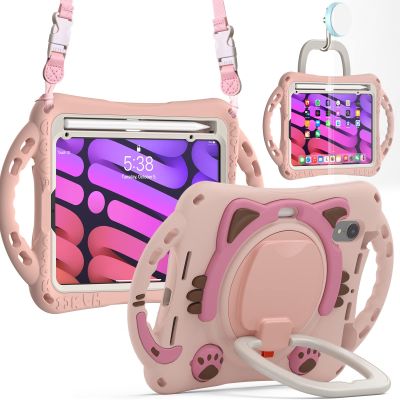 Case Cover Case Compatible with iPad Mini 6th Generation 2021 8.3 Inch Cute Cat Case Compatible with Kids Friendly Protective Cover Drop-Proof Shock-Proof W Rotating Kickstand+Handle+Shoulder Strap Ta
