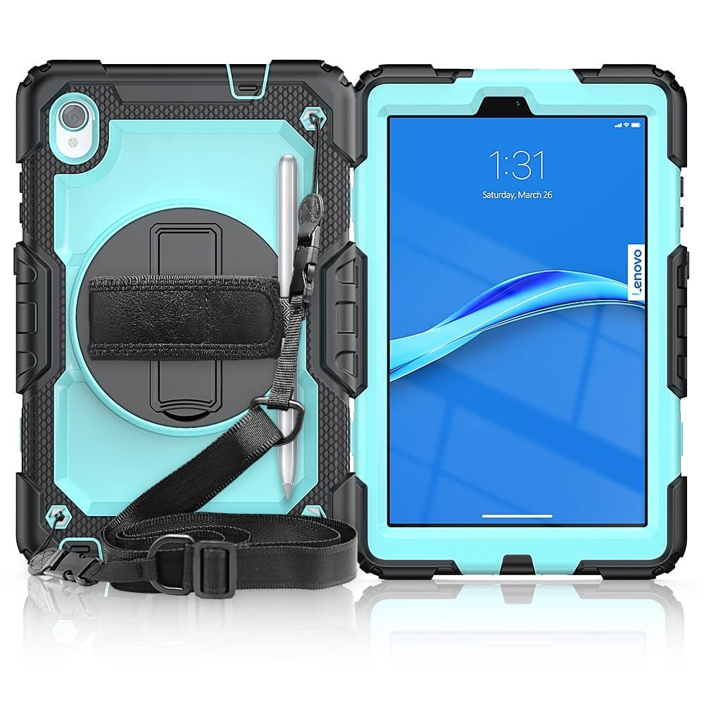 Case Cover Compatible with Lenovo Smart Tab M8 HD 8 inch TB-8505F/8505X/8705F Heavy Duty Shockproof TPU Case,Protective Cover W Screen Protector 360 Swivel Kickstand+Hand Strap+Shoulder Strap Tablet C