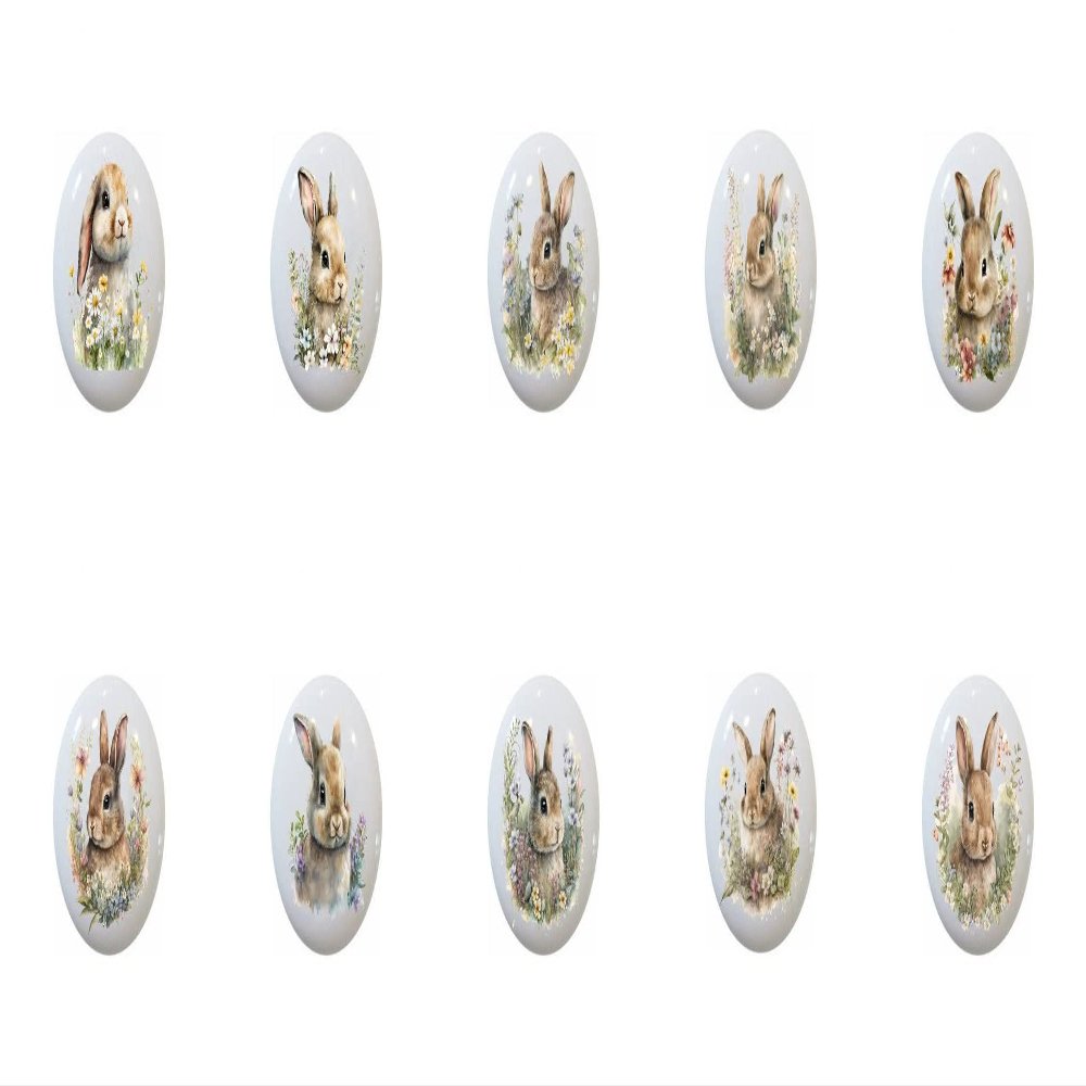 Floral Bunnies Bunny Rabbits - DECORATIVE Ceramic Dresser Drawer PULLS Cabinet Cupboard KNOBS (Set of 10)