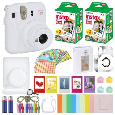 Fujifilm Instax Mini 12 Instant Camera Clay White + Carrying Case + Fuji Instax Film Value Pack (40 Sheets) Accessories Bundle, Color Filters, Photo Album, Assorted Frames