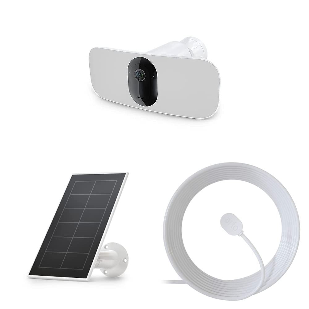 Arlo Pro 3 Floodlight Camera, White & Solar Panel Charger (2021 Released) Certified Accessory, White & Outdoor Charging Cable Certified Accessory - 25 ft, White