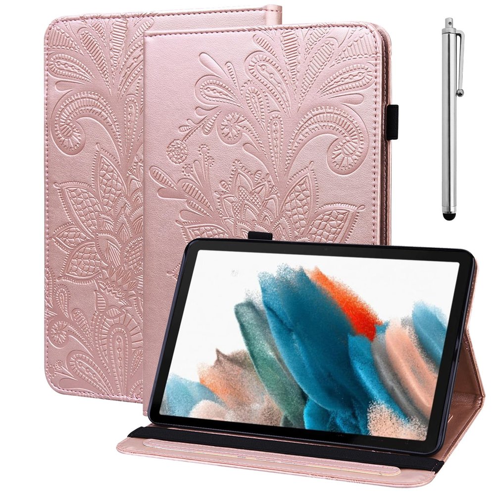 VODEFOX Case for Lenovo Tab M10 Plus 3rd Gen Case 10.6 Inch 2022,Cute Embossed Lace Flower PU Leather Kickstand Flip Cover with Card Solts Elastic Loop Band for Lenovo Tab M10 Plus 3rd Gen - Golden