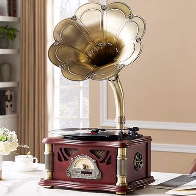 HZLSBL Vintage Gramophone with Bluetooth Input Vintage Record Players Retro Gramophone Turntables for 7" 9" 12" Vinyl Records 3 Speed, Hi-Fi, Handcrafted by Pure Oak (Walnut)