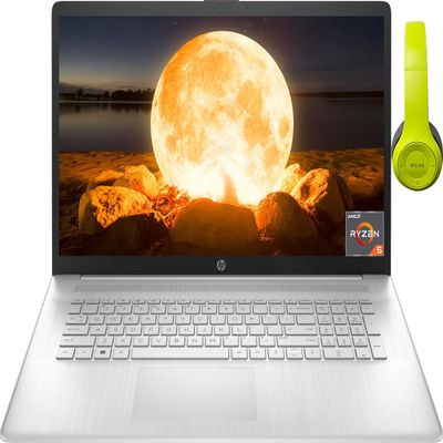 HP 17.3 Inch FHD Business Laptop with AMD Ryzen 5 5500U Processor (up to 4.3 GHz), 32GB RAM 2TB SSD, Numeric Keypad, USB-C, Bluetooth, Windows 11 Pro, Natural Silver, Durlyfish Headphone
