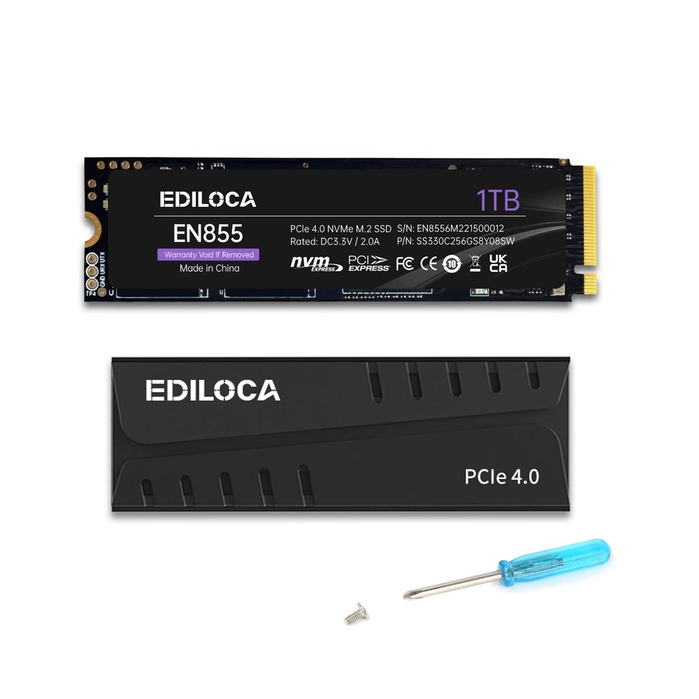 Ediloca 1TB PS5 SSD with Heatsink PCIe Gen4 NVMe M.2 Gaming SSD, 7400MB/s Read, 1GB DRAM Cache, 3D TLC | Internal Solid State Drive Compatible with PS5 & PC(EN855)