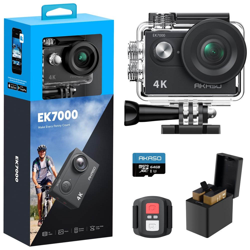 AKASO EK7000 4K30fps Action Camera with 64GB MicroSDXC U3 Memory Card 131ft Waterproof Camera with EIS 4X Zoom Remote Control Ultra HD 20MP Underwater Camera with Accessories Kit