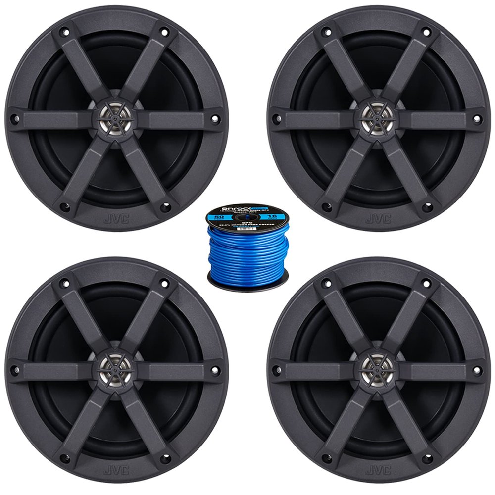 2 Pairs (Qty 4) of JVC 6.5" 100 Watt Peak 2-Way Marine Audio Black Speakers Bundle Combo with 50 Feet 16 Gauge Speaker Wire