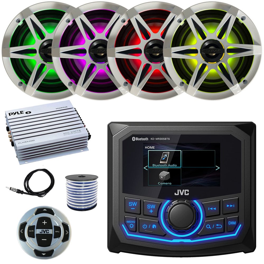JVC 2.7" LCD Marine Bluetooth AM/FM/WB Tuner Digital Media Receiver w/Wired Remote, 4X 6.5 120 Watt Peak Power White Boat Audio Speakers w/Multicolor LEDs, 4 Channel Amplifier, Antenna, Wire