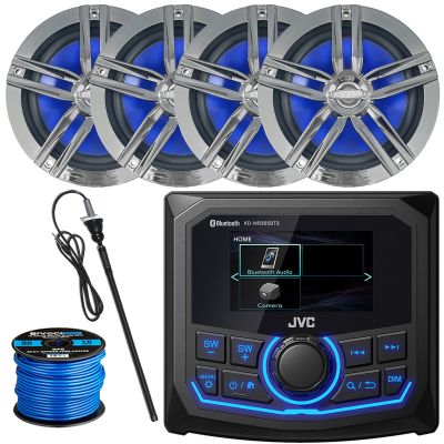 JVC 2.7" LCD Display Marine Bluetooth AM/FM/WB Receiver, 4X Enrock 6.5" 180 Watt Peak Power Boat Charcoal Speakers, Long Range Black Antenna, Speaker Wire
