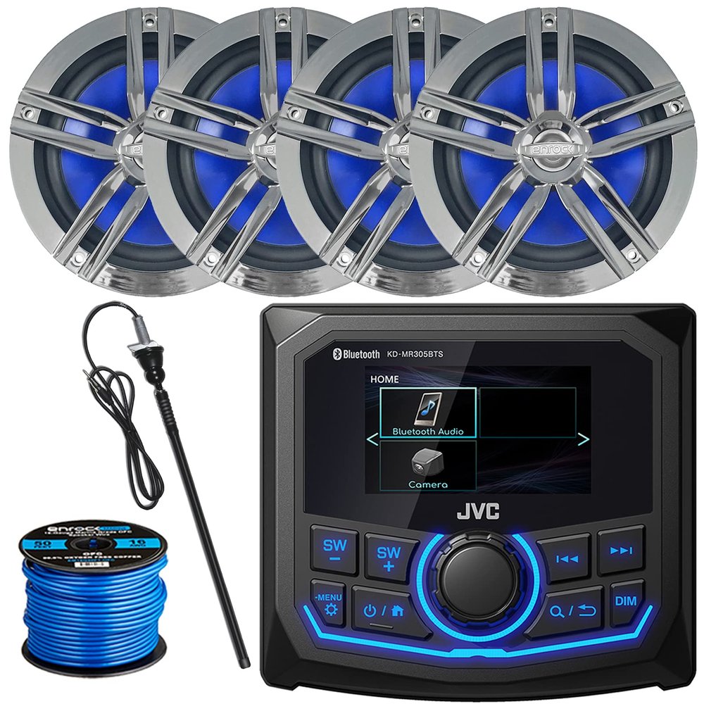 JVC 2.7" LCD Display Marine Bluetooth AM/FM/WB Receiver, 4X Enrock 6.5" 180 Watt Peak Power Boat Charcoal Speakers, Long Range Black Antenna, Speaker Wire