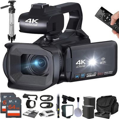 eDealz 4K/6K Video Camera Camcorder 64MP Vlogging Camera for YouTube, 60FPS, 18X Zoom with Mic, LED Light, Tripod & 264GB Cards WiFi, Webcam Bundle