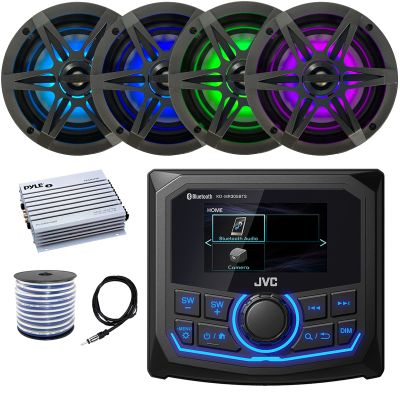 JVC 2.7" LCD Display Marine Bluetooth AM/FM/WB Receiver, 4X 6.5 120 Watt Max Power Charcoal Boat Audio Speakers w/Multicolor LED, 400 Watt 4 Channel Amplifier, Antenna, Speaker Wire