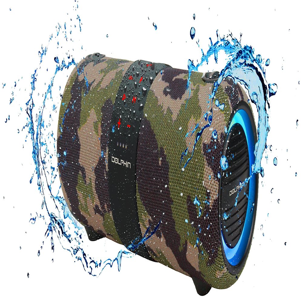 Dolphin LX-60 Camo Bluetooth Speaker Boombox - Waterproof, Dual 3" Woofers, Color-Changing Lights, TWS Technology, Includes Shoulder Strap