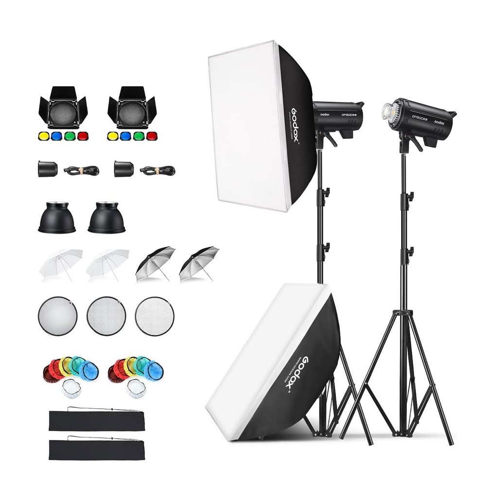 Godox 2 Pack DP600III-V DP600IIIV 1200Ws Photo Speedlite Studio Flash Strobe Monolight Bowens Mount Kit for Studio Shooting with Softbox,Light Stand,Barn Door Kit,Reflector