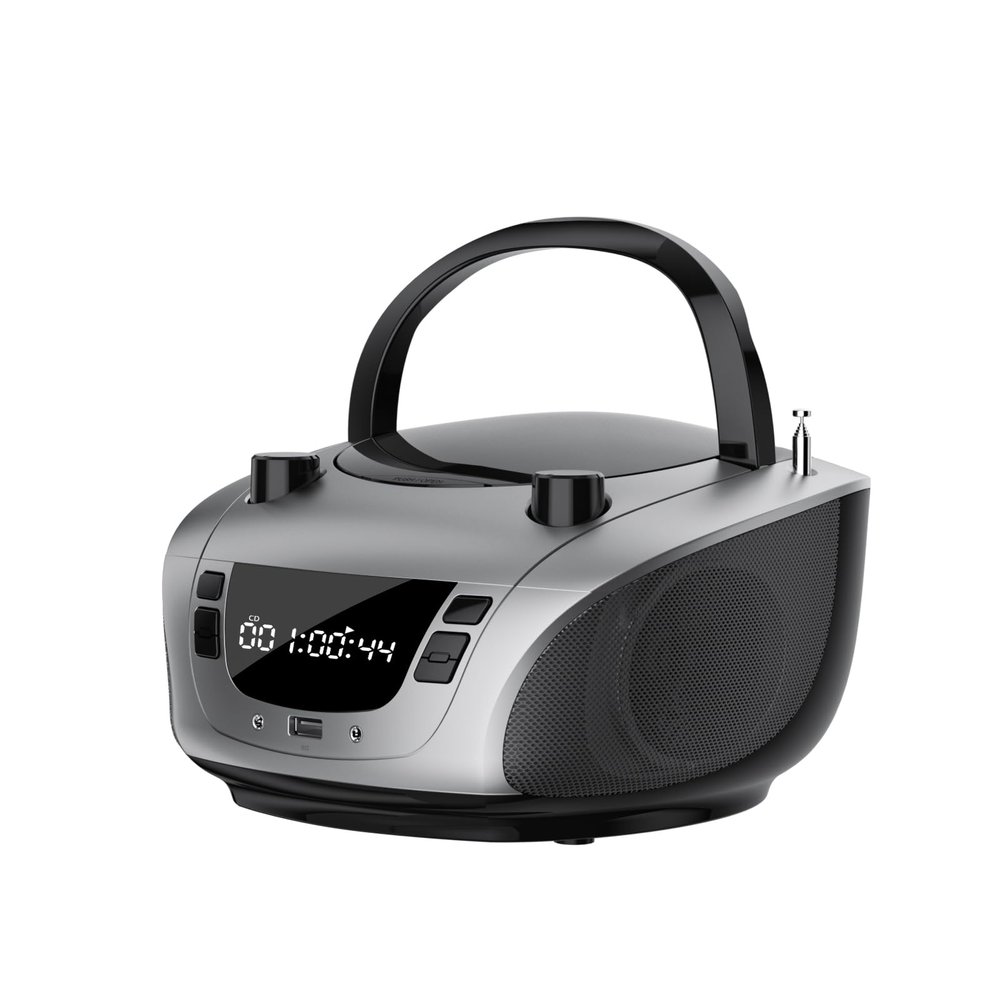 LONPOO Portable Boombox - CD Player, Bluetooth, USB, MP3, AUX, FM and AM Radio, Portable, Built-in Stereo Speakers, Carrying Handle, LCD Display, Gray