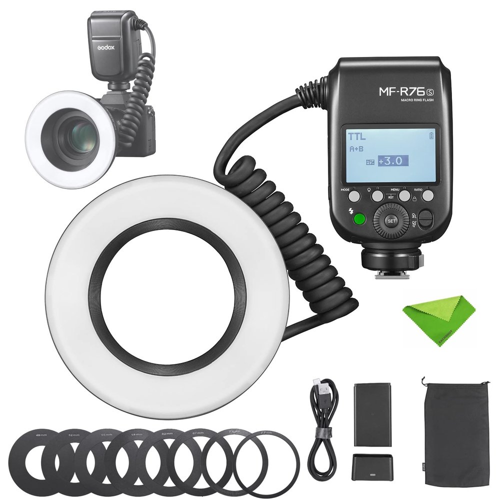 Godox MF-R76S TTL Macro Ring Flash 76Ws HSS 2.4G Wireless GN14 CCT 5900K 550 Full-Power Flashes, 0.1-1s Recycle Time Dual-Flash Tubes Speedlight for Sony Cameras for Animal, Plant Photography, etc