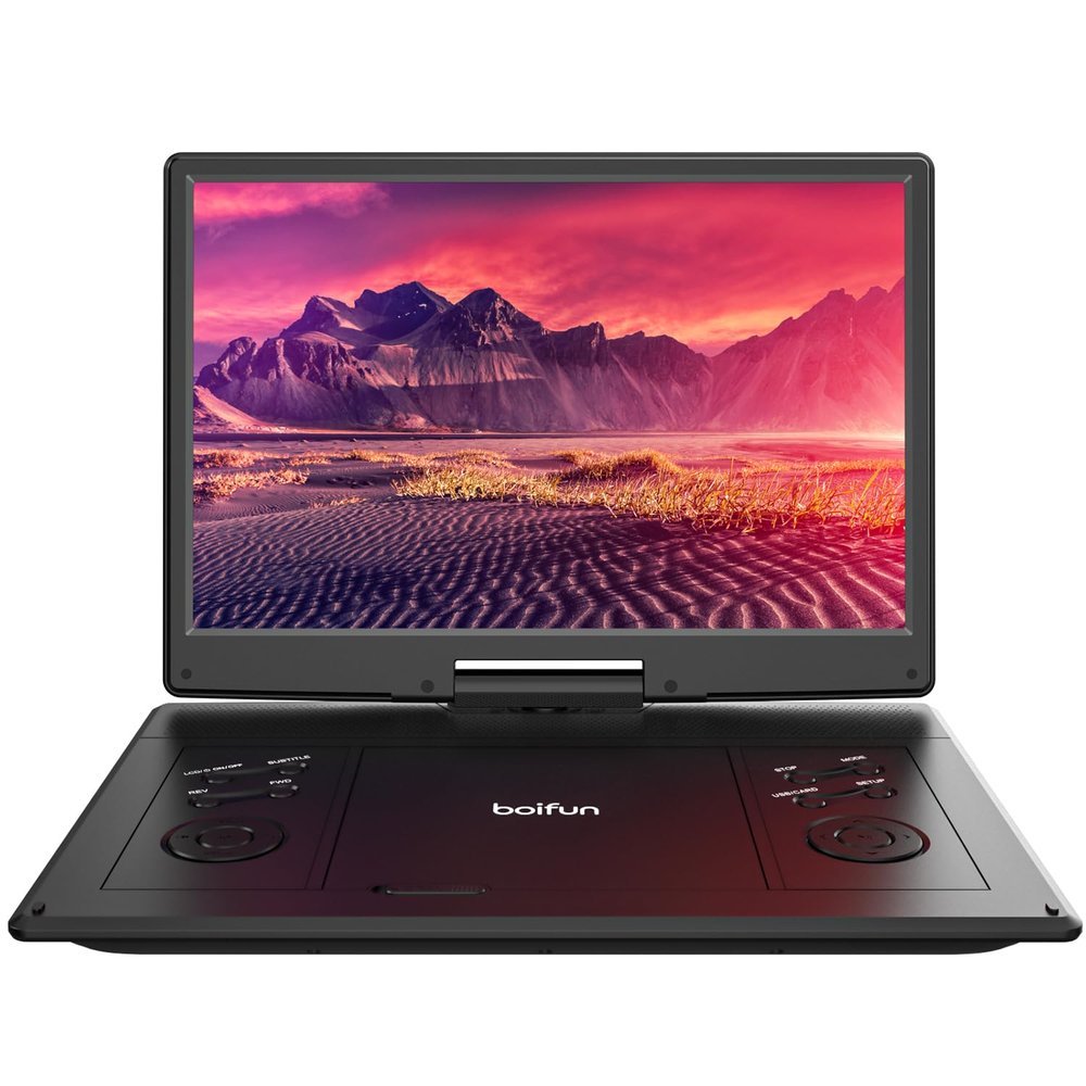 15.7" Portable DVD Player with 14.1" Large HD Screen, 6 Hrs Rechargeable Battery, FM Out, Sync TV, USB, SD Card and Multiple Disc Formats, Dual Speaker, Black