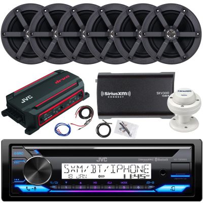 JVC Single DIN in-Dash Marine Bluetooth USB/AUX CD Stereo Receiver, 6X 6.5 100 Watt Peak Power Black Speakers, 600 Watt 4-Channel Amplifier w/Wiring Kit, Satellite Tuner with Antenna
