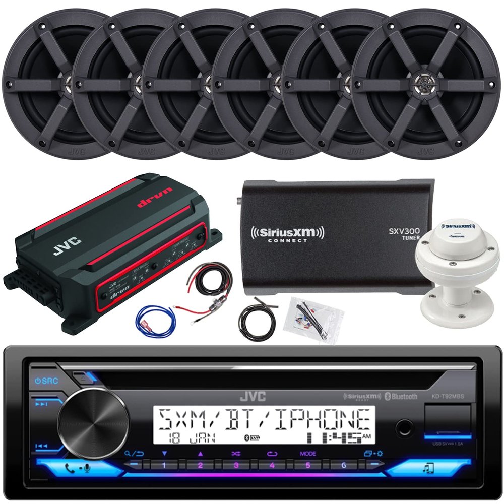 JVC Single DIN in-Dash Marine Bluetooth USB/AUX CD Stereo Receiver, 6X 6.5 100 Watt Peak Power Black Speakers, 600 Watt 4-Channel Amplifier w/Wiring Kit, Satellite Tuner with Antenna