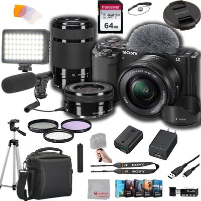 Sony ZV-E10 Mirrorless Camera with 16-50mm + 55-210mm Lenses, 64GB Memory,Videl Microphone, LED Video Light, Case. Tripod, Filters, Hood, Grip, & Professional Video & Photo Editing Software Kit
