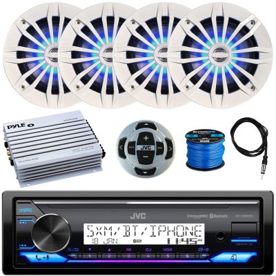 JVC Single DIN Marine Bluetooth USB/AUX Stereo Digital Media Receiver with Wired Remote, 4x Enrock 6.5" 180 Watt White Boat Speakers w/ Flashing Blue LEDs, 4 Channel Amplifier, Antenna, Speaker Wire