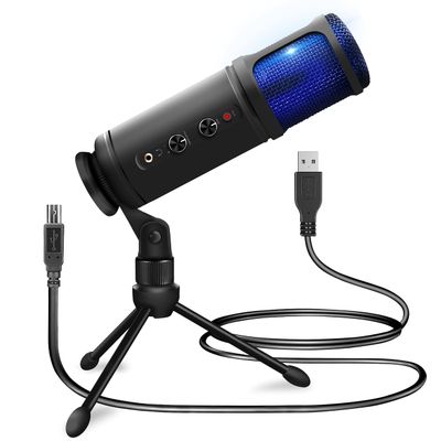 JOVIAL Pyle USB PC Recording Condenser Microphone, Portable Pro Audio Condenser Desk Mic, Blue LED, Adjustable Gain, Headphone Jack, Mute Control, Tripod Stand, for Podcast Streaming Gaming
