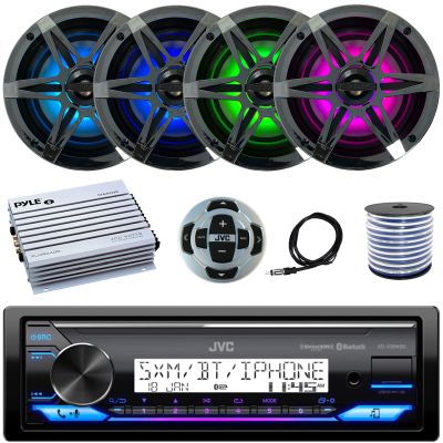Single DIN Marine Stereo Bluetooth Receiver Bundle Combo with Remote Control, 4X Enrock 6.5" 120 Watt RGB LED Marine Speakers w/Chrome Grilles, Pyle 400 Watt 4 Channel Amplifier, 22" Antenna, Wire