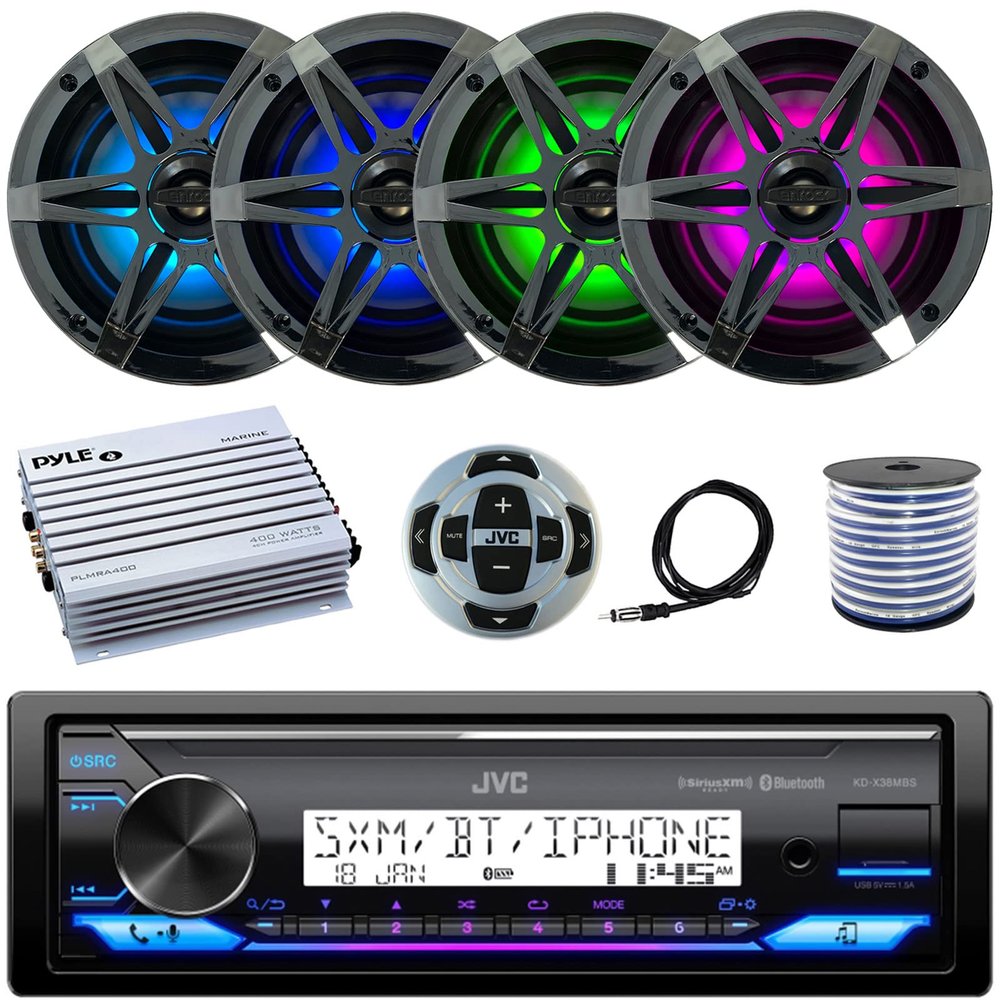 Single DIN Marine Stereo Bluetooth Receiver Bundle Combo with Remote Control, 4X Enrock 6.5" 120 Watt RGB LED Marine Speakers w/Chrome Grilles, Pyle 400 Watt 4 Channel Amplifier, 22" Antenna, Wire