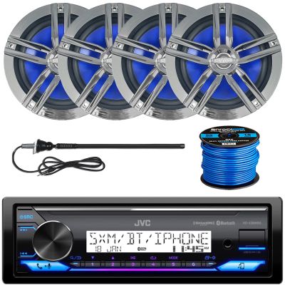 JVC Single Din Marine Bluetooth USB/AUX Stereo Receiver, 4X Enrock 6.5" 180 Watt Boat Charcoal Speakers, Long Range Black Radio Antenna, Speaker Wire