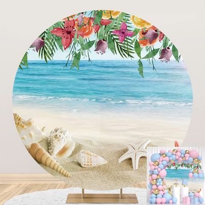 6x6ft Polyester Ocean Beach Arch Round Backdrop Stand Cover Tropical Starfish Sea Shell Summer Hawaiian Flowers Circle Photography Background Blue Teal Baby Shower Birthday Party Decorations
