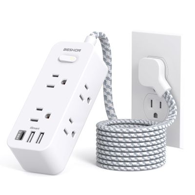 15Ft Extension Cord, BESHON Power Strip Surge Protector, 6 Outlets with 3 USB Ports(1 USB C Outlet), 3-Side Outlet Extender, Wall Mount, Compact for Home, College Dorm Room