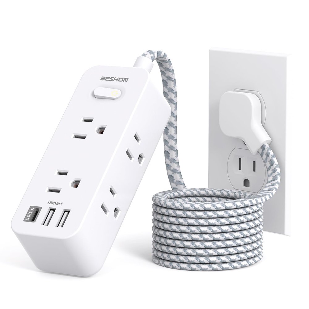 15Ft Extension Cord, BESHON Power Strip Surge Protector, 6 Outlets with 3 USB Ports(1 USB C Outlet), 3-Side Outlet Extender, Wall Mount, Compact for Home, College Dorm Room
