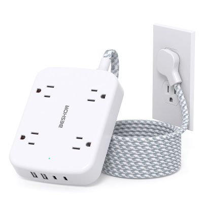 Surge Protector Power Strip with 2 USB C - BESHON 5 Ft Flat Extension Cord Flat Plug Power Strip, 4 Widely Outlets and 4 USB Charging Ports, Outlet Extender, 900 Joules, for Home Dorm Room Essentials