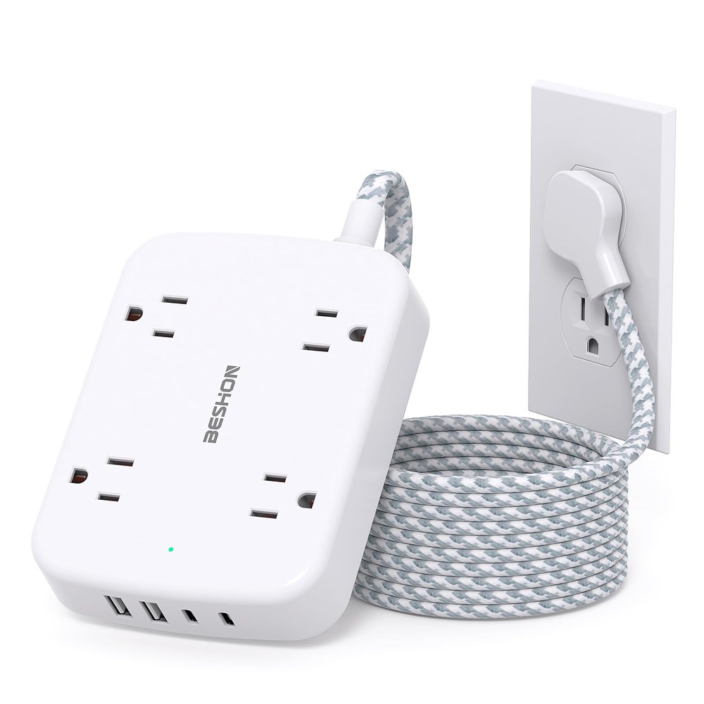 Surge Protector Power Strip with 2 USB C - BESHON 5 Ft Flat Extension Cord Flat Plug Power Strip, 4 Widely Outlets and 4 USB Charging Ports, Outlet Extender, 900 Joules, for Home Dorm Room Essentials